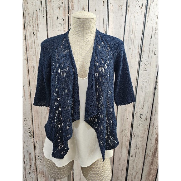 LM Women's M D. Exterior Italy Open Weave Cropped Shrug Cardigan Navy Blue EUC - Picture 1 of 5
